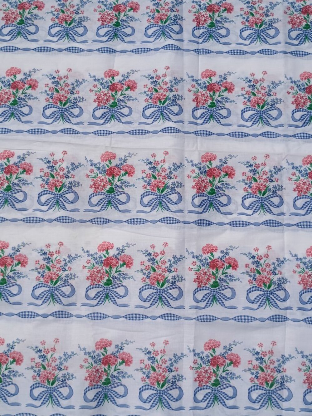 Vintage Floral Fabric White with Blue and Pink Gingham Bows 4 Yards Cottagecore - Picture 3 of 10
